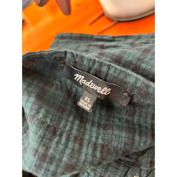 Madewell Green and Navy Plaid Balloon-Sleeve Peasant Top Size XL - Picture 3 of 4